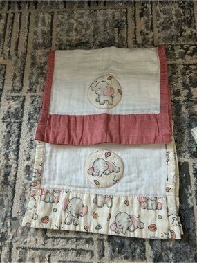 Two Baby Elephant Print Muslin - Pink Trim